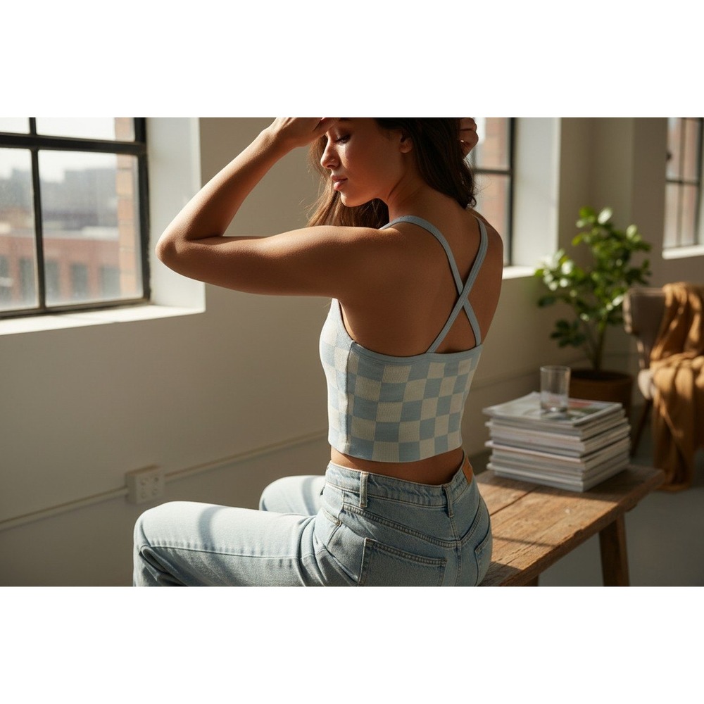 Colsie Blue Checkered Stretch‎ Top Small Soft Lounge Y2K Casual